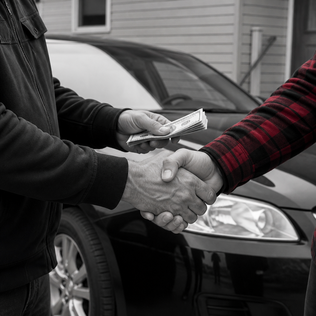 A buyer counting out cash into a seller's hand at the moment of payment